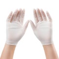 Woman hands putting on surgical gloves in white background