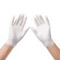 Woman hands putting on surgical gloves in white background