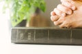 Woman hands reading and praying over Bible Royalty Free Stock Photo