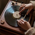 a woman hands on retro spinning vinyl record