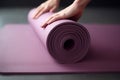 Woman hands rolling yoga mat floor arm. Generate Ai