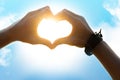 Woman hands in shape of love heart pass sunset Royalty Free Stock Photo