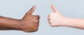 Woman hands showing thumbs up. Black lives matter. Support encourage. African male hand showing thumb up. Black and Royalty Free Stock Photo