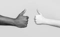 Woman hands showing thumbs up. Black lives matter. Support encourage. African male hand showing thumb up. Black and Royalty Free Stock Photo