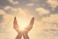 Woman hands, sun and sky with copyspace showing freedom or solar power concept Royalty Free Stock Photo