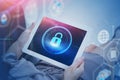 Woman hands with tablet, online security Royalty Free Stock Photo