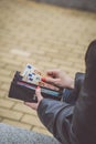 Woman hands taking money out of black leather purse Royalty Free Stock Photo