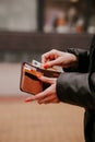 Woman hands taking money out of leather wallet Royalty Free Stock Photo