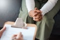 Woman, hands and therapist writing on clipboard in consultation for mental health, psychology or healthcare. Hand of Royalty Free Stock Photo