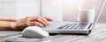 Woman hands typing on computer keyboard closeup, businesswoman or student using laptop panoramic banner