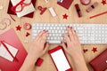 Woman hands typing on the keyboard. top view, flat lay. Online shopping, social networking, internet surfing, online blog idea Royalty Free Stock Photo