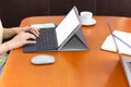 Woman hands typing on laptop keyboard working at home concept. Royalty Free Stock Photo