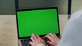 Woman hands typing mockup laptop in office closeup. Unknown lady pushing buttons
