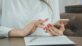 Woman hands using cell phone in restaurant Royalty Free Stock Photo