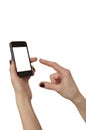 Woman hands using mobile phone isolated over white