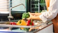 Woman hands washing Vegetables for Preparation of vegan salad on the worktop near to sink in a modern kitchen, Homemade healthy Royalty Free Stock Photo