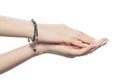 Woman hands wearing silver jewelry bracelet