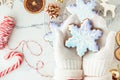 Woman hands wearing white mittens and holding snowflake shaped gingerbread cookie with festive icing on the decorated Christmas Royalty Free Stock Photo