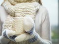 Woman hands in white and blue mittens holding a cozy knitted cup with hot cocoa, tea or coffee. Winter and Christmas time concept. Royalty Free Stock Photo