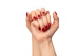 Woman hands with wine red color nails. Red nail polish. Square nail form Royalty Free Stock Photo