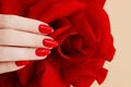 Woman hands with wine red color nails . Red nail polish. Square nail form. Female hands with red manicure Royalty Free Stock Photo