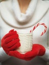 Woman hands in woolen red gloves holding a cozy mug with hot cocoa Royalty Free Stock Photo