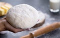 Hands working with dough preparation recipe bread, pizza or pie making ingridients Royalty Free Stock Photo