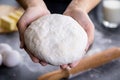 Hands working with dough preparation recipe bread, pizza or pie making ingridients Royalty Free Stock Photo