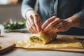 Woman hands wrapping a healthy sandwich in beeswax food wrap. Generative AI