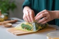 Woman hands wrapping a healthy sandwich in beeswax food wrap. Generative AI