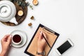 A woman hands writing on empty book note, diary, spread mockup, top view, studio. Cup of coffee break. Royalty Free Stock Photo