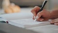 Woman hands writing notebook holding ballpen closeup. Accountant working laptop Royalty Free Stock Photo