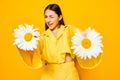 woman happiness smile model yellow flower trend pretty chamomile young portrait