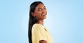 Woman, happy and beauty portrait for student with confidence, gen z aesthetic and blue background. Indian person, face