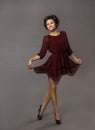 Woman Happy Dancing, Smiling Glad Girl Posing in Red Dress