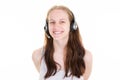 Woman happy long hair blonde in call center smiling happy cheerful support operator portrait in phone headset Royalty Free Stock Photo