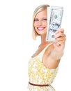 Woman is happy in portrait, smile with cash in hand, finance and dollars with rich female isolated on white background