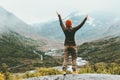 Woman happy raised hands tourist walking outdoor