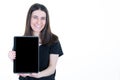Woman happy smile showing blank black tablet computer screen Royalty Free Stock Photo
