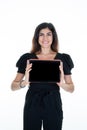 Woman happy smile slim showing blank black tablet computer screen Royalty Free Stock Photo