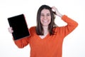 Woman happy smiling showing blank black tablet computer empty screen Royalty Free Stock Photo