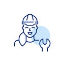 Woman hard hat with wrench. Skilled technician in engineering and construction. Pixel perfect, editable stroke icon