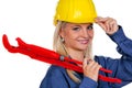 Woman With Hardhat and Pipe Wrench Royalty Free Stock Photo