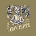 Woman harvested cocoa beans. Chocolate grains. Vintage badge or logo for t-shirts, typography, shop or signboards. Hand