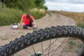 Woman has accident injury from bicycle Royalty Free Stock Photo