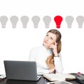 Woman has an idea. Decision making process concept. Light bulbs Royalty Free Stock Photo