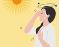 A woman has sunstroke exhausting and dizzying. Flat vector illustration.