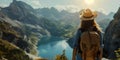 woman with a hat and backpack looking at the mountains and lake from the top of a mountain Royalty Free Stock Photo