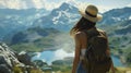 woman with a hat and backpack looking at the mountains and lake from the top of a mountain Royalty Free Stock Photo