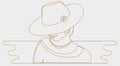 A woman in a hat. Unique line color. It looks like a precious 3D embroidery with gold thread. One-line drawing! Royalty Free Stock Photo